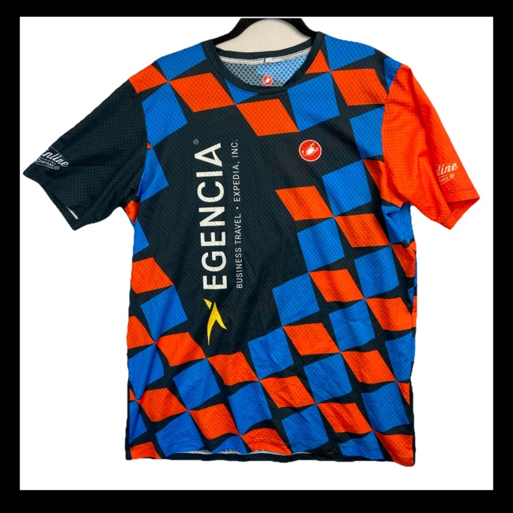 Castelli Cycling Jersey Shirt Men’s 2XL Short Sleeve Blue Orange Crewneck Waffle
